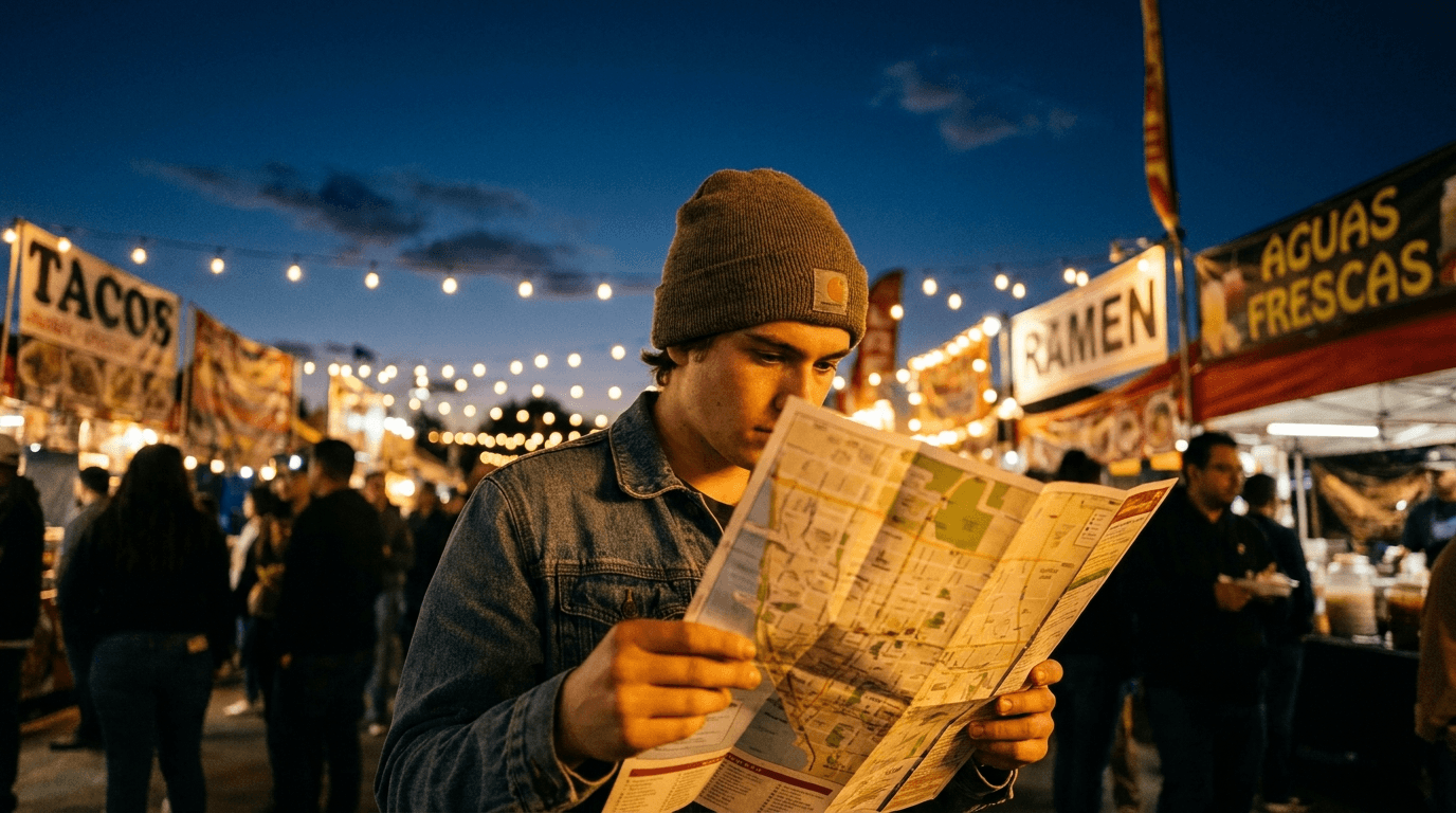 A visitor reading a printed food map at a glowing SoCal night market